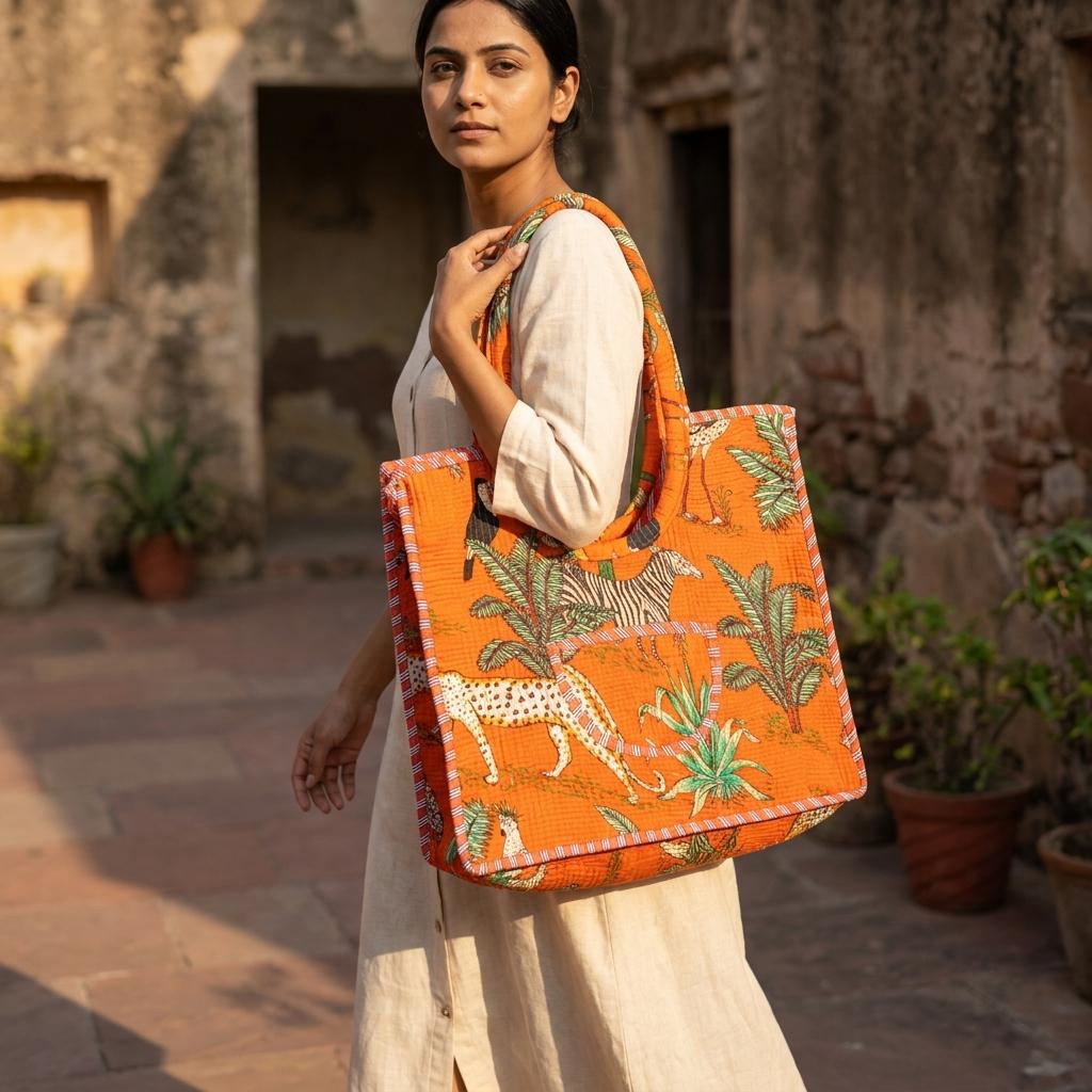 Orange Jungle Quilted Cotton Tote Bag, Handcrafted Safari Animal Large Shoulder Travel Carrier