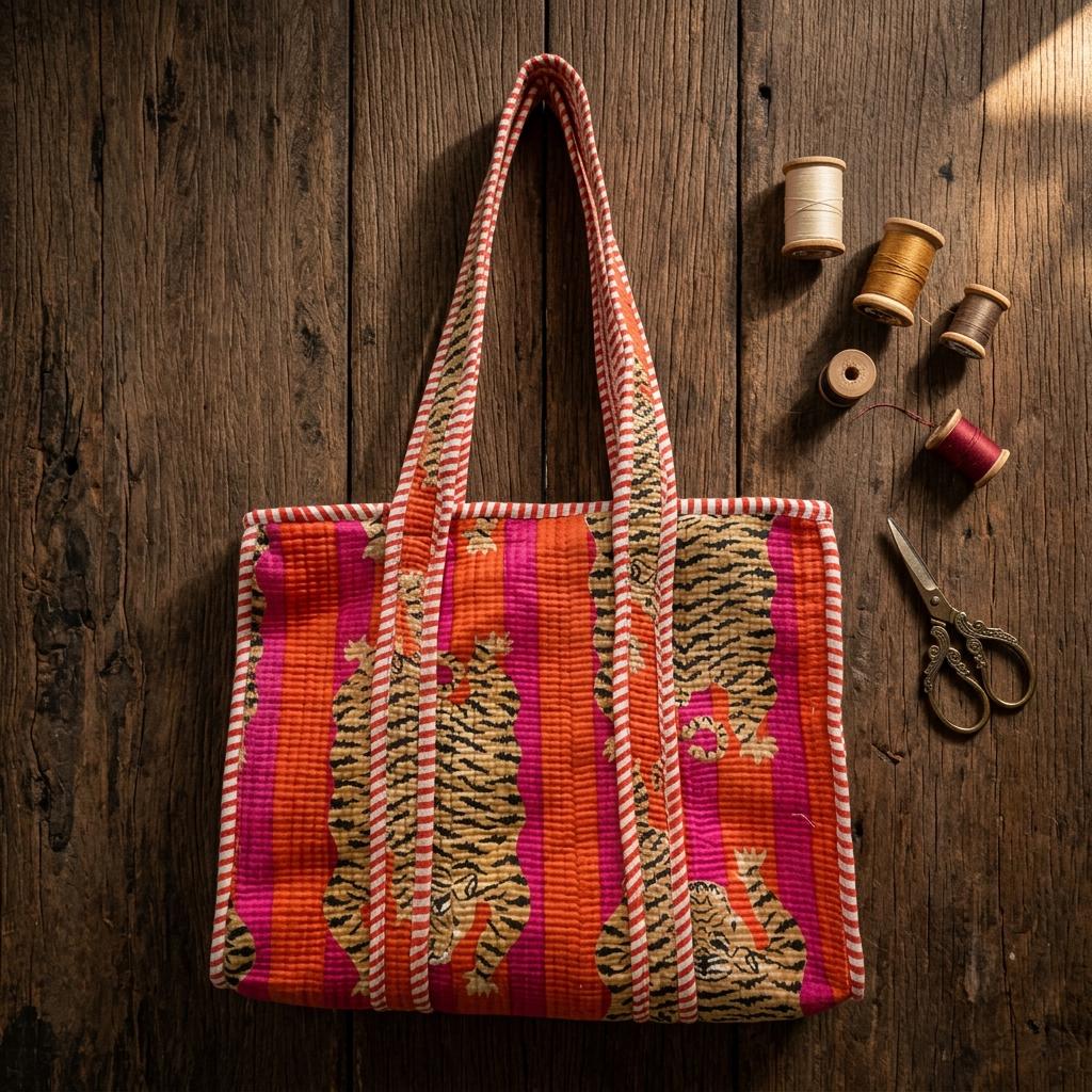 Orange Tiger Quilted Cotton Tote Bag, Handcrafted Striped Animal Large Shoulder Travel Carrier