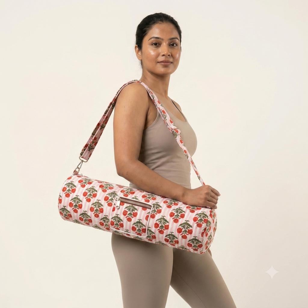 Pink Striped Quilted Cotton Yoga Mat Bag, Handcrafted Floral Sling Shoulder Tote Carrier
