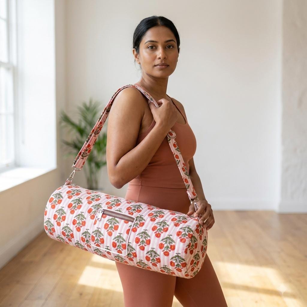 Pink Striped Quilted Cotton Yoga Mat Bag, Handcrafted Floral Sling Shoulder Tote Carrier