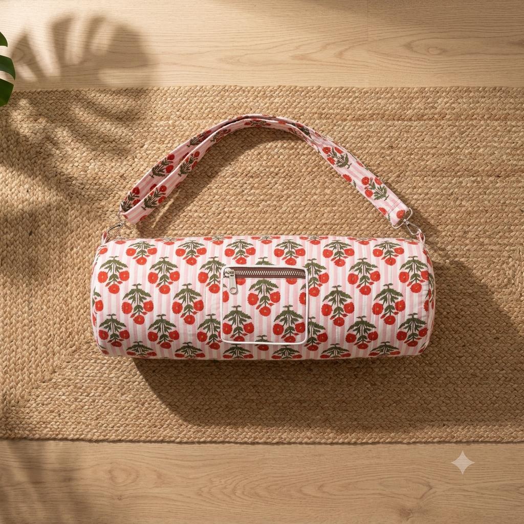 Pink Striped Quilted Cotton Yoga Mat Bag, Handcrafted Floral Sling Shoulder Tote Carrier