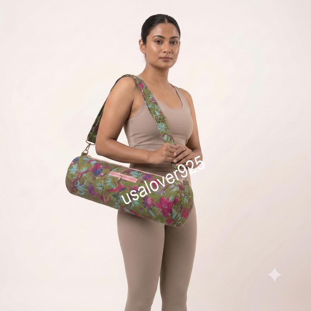 Handmade Quilted Cotton Yoga Mat Bag, Olive Green Pink Floral Crossbody Carrier, Zipper Holder