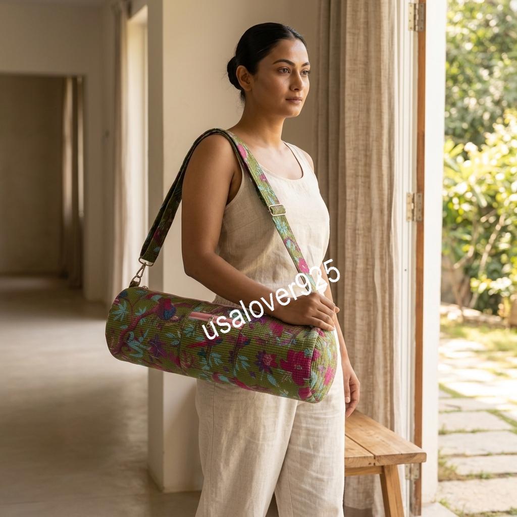 Handmade Quilted Cotton Yoga Mat Bag, Olive Green Pink Floral Crossbody Carrier, Zipper Holder