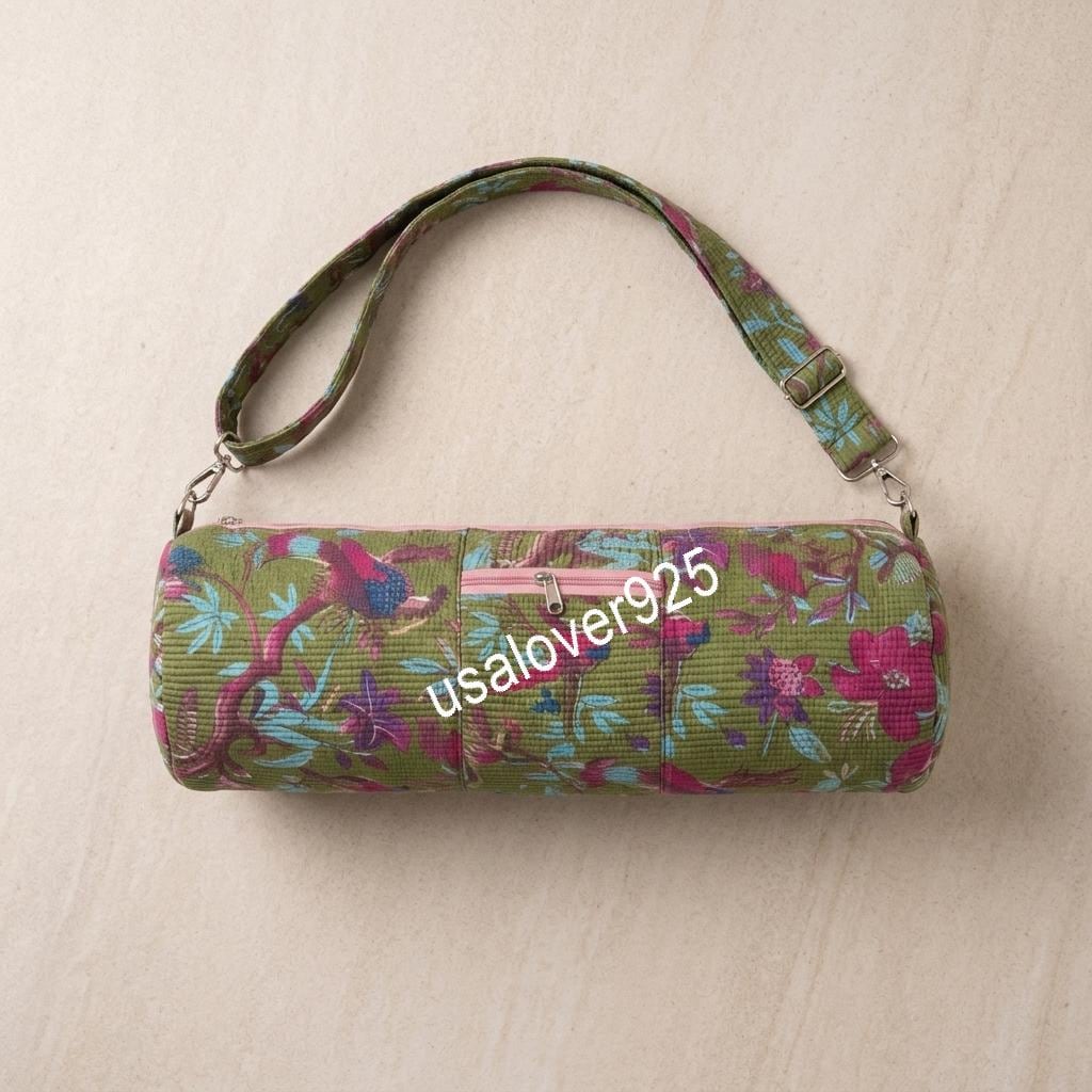Handmade Quilted Cotton Yoga Mat Bag, Olive Green Pink Floral Crossbody Carrier, Zipper Holder