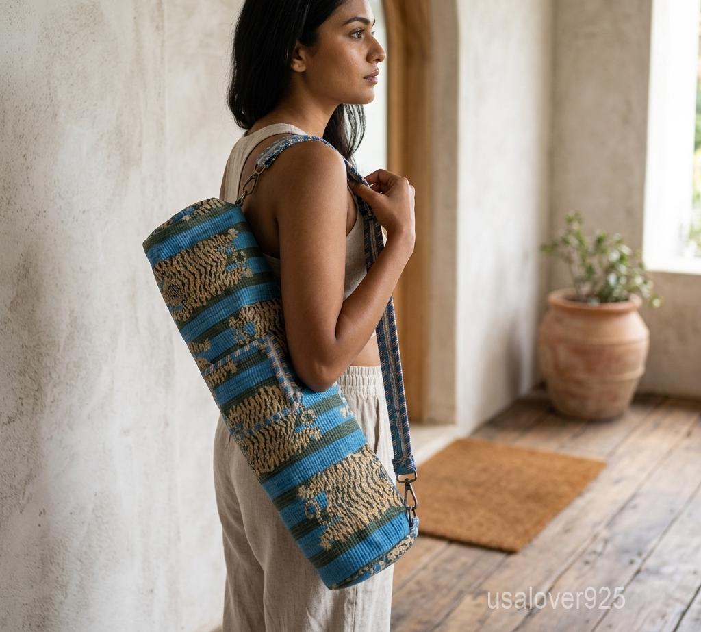 Hand Block Print Quilted Cotton Yoga Mat Bag, Blue Tiger Stripe Crossbody Carrier