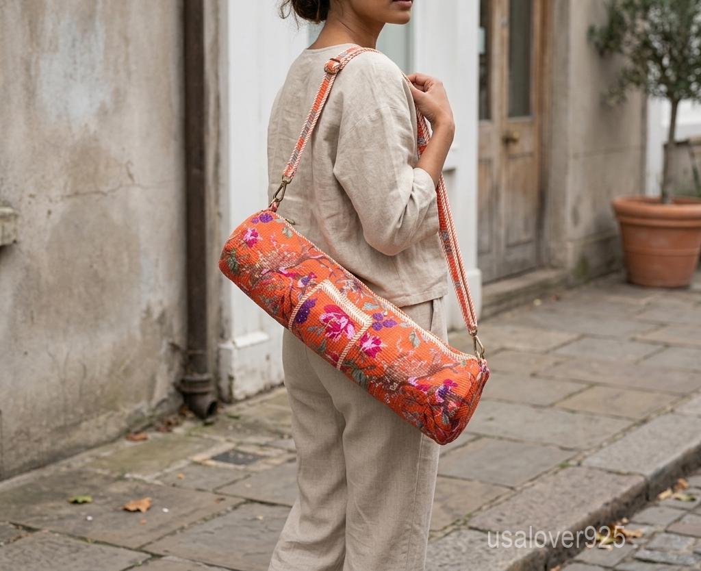 Quilted Cotton Yoga Mat Bag, Orange Magenta Floral Bird Crossbody Carrier, Zipper Pocket Holder
