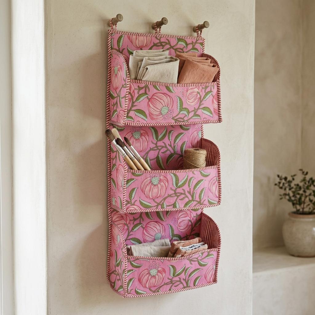 Pink Floral Quilted Cotton Wall Hanging Organizer, Handcrafted Block Print Three Pocket Storage