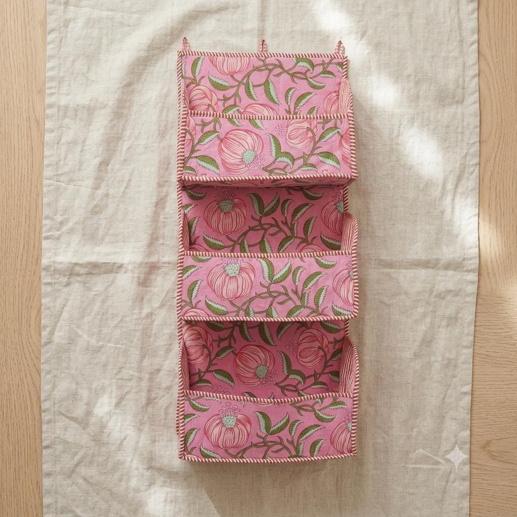 Pink Floral Quilted Cotton Wall Hanging Organizer, Handcrafted Block Print Three Pocket Storage