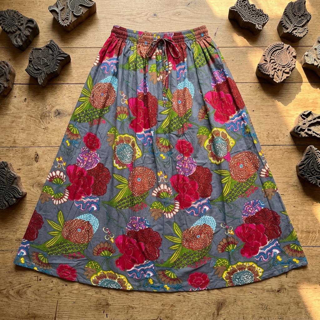 Grey Floral Cotton Maxi Skirt, Handcrafted Block Print Long Flared Summer Apparel Clothing