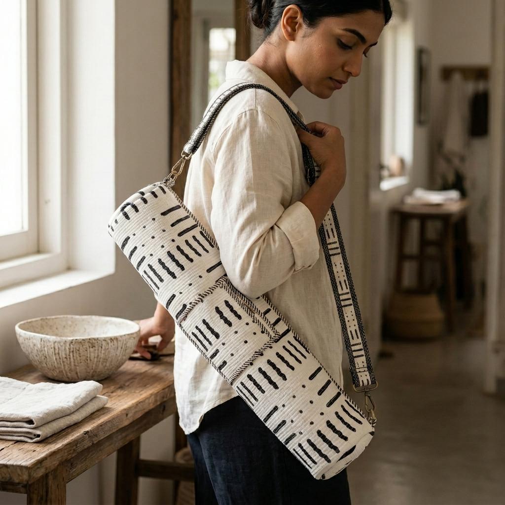 White Geometric Quilted Yoga Mat Carrier, Pilates Sling, Minimalist Gym Tote, Travel Shoulder Holder