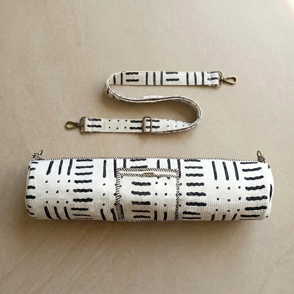 White Geometric Quilted Yoga Mat Carrier, Pilates Sling, Minimalist Gym Tote, Travel Shoulder Holder