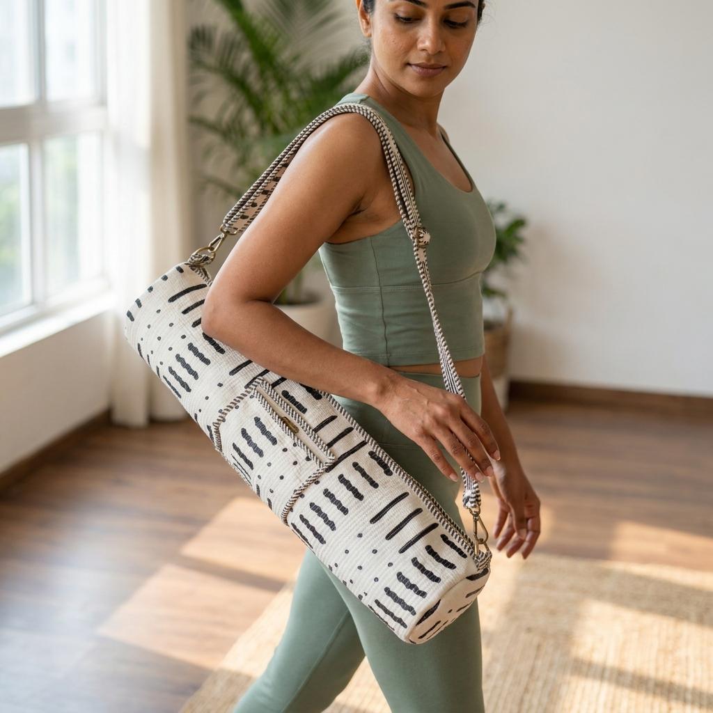 White Geometric Quilted Yoga Mat Carrier, Pilates Sling, Minimalist Gym Tote, Travel Shoulder Holder