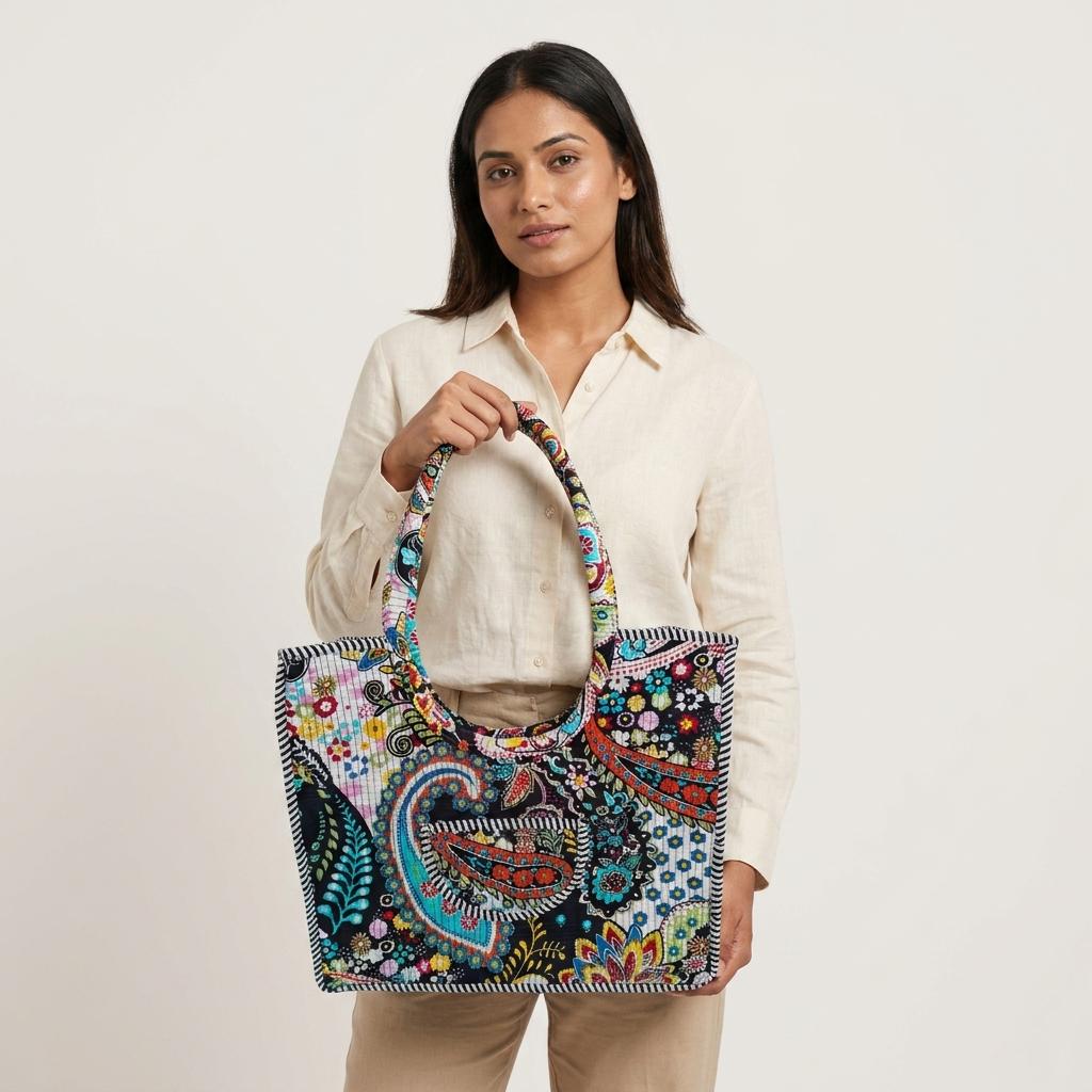 Black Paisley Quilted Cotton Carryall, Floral Shopper, Weekend Tote, Everyday Shoulder Purse