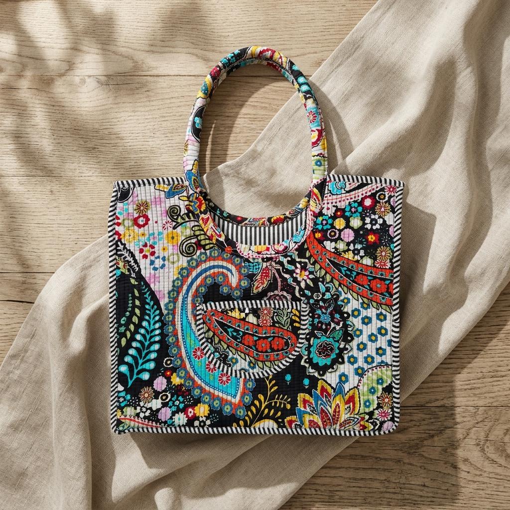 Black Paisley Quilted Cotton Carryall, Floral Shopper, Weekend Tote, Everyday Shoulder Purse