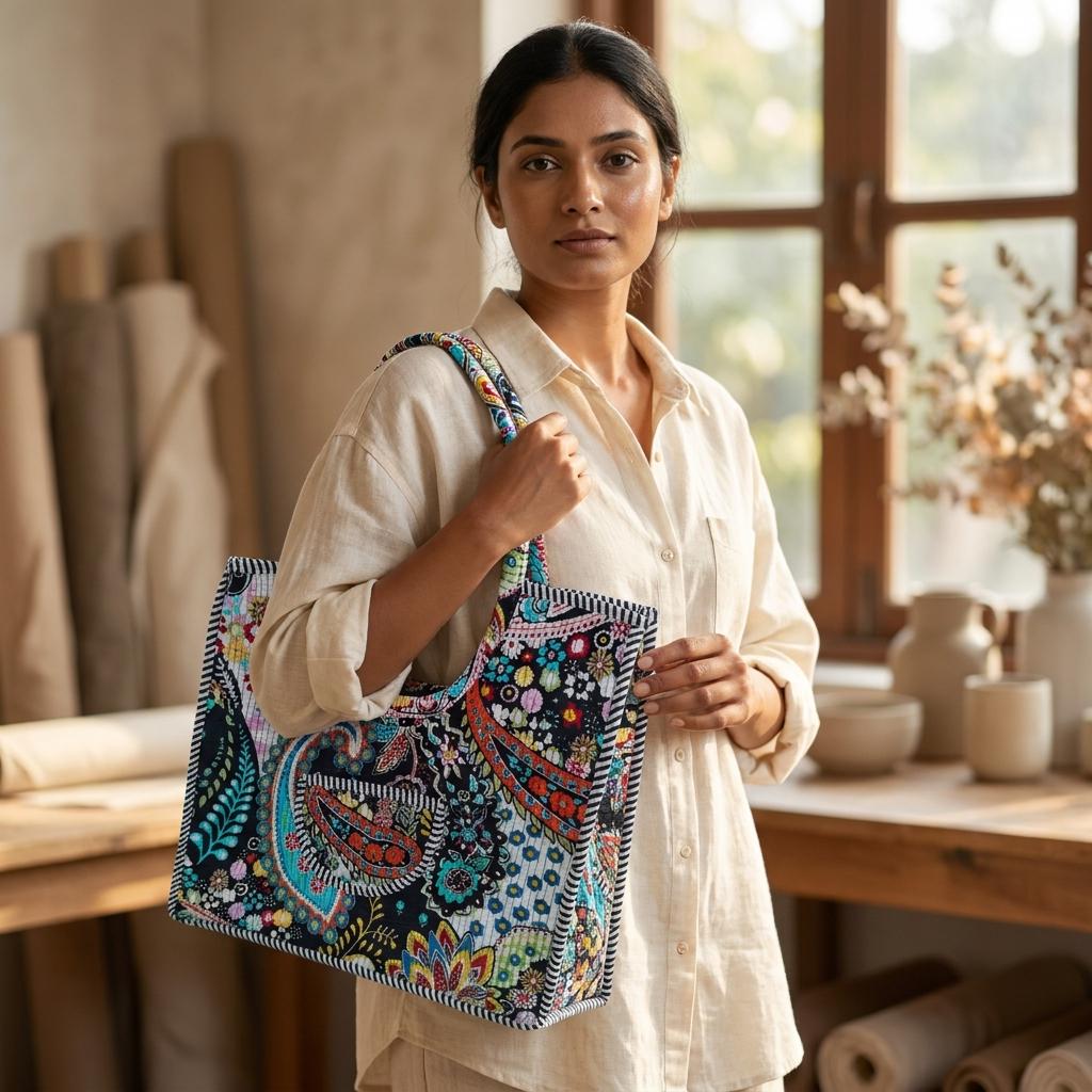 Black Paisley Quilted Cotton Carryall, Floral Shopper, Weekend Tote, Everyday Shoulder Purse