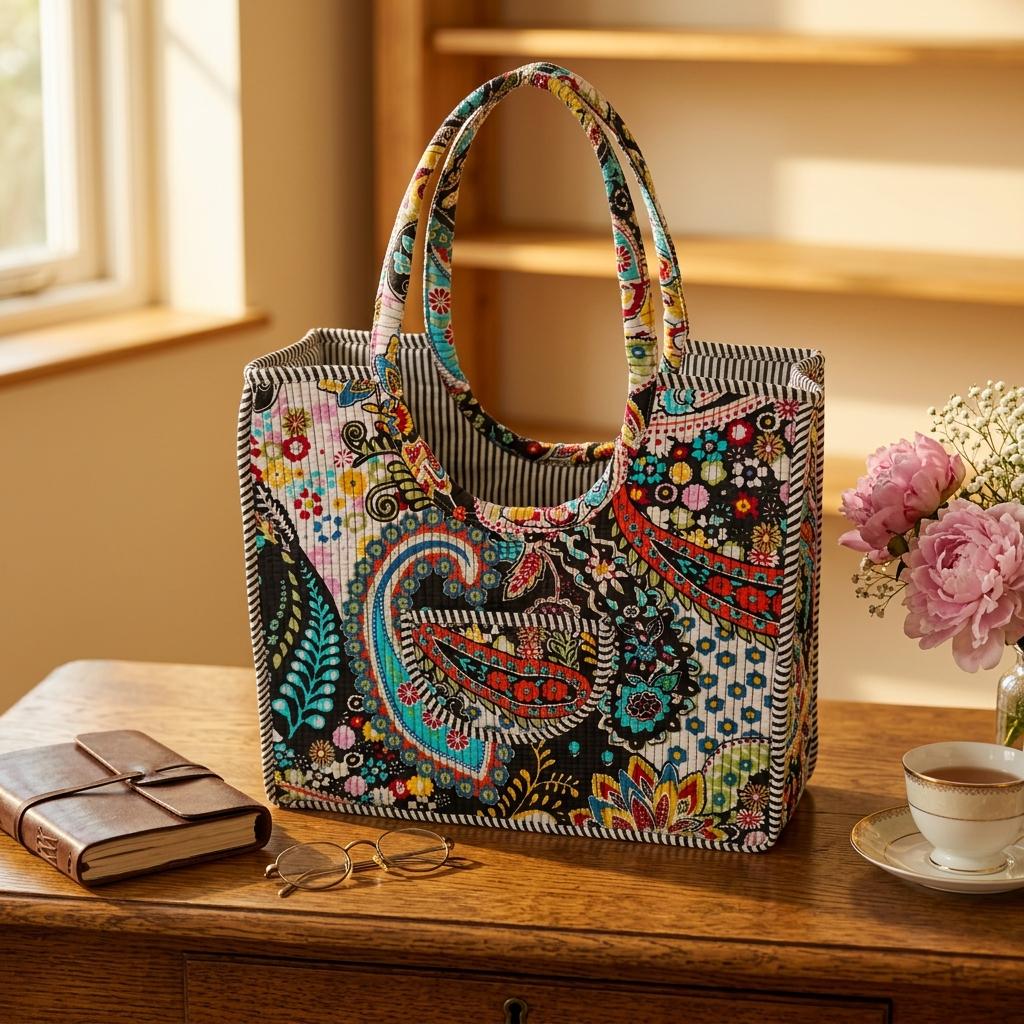 Black Paisley Quilted Cotton Carryall, Floral Shopper, Weekend Tote, Everyday Shoulder Purse