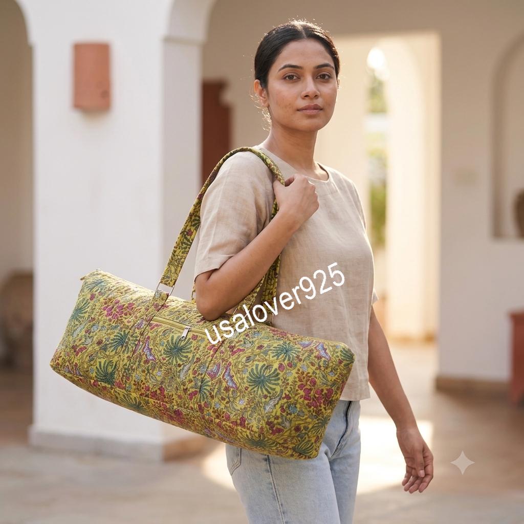 Quilted Cotton Travel Duffle Bag, Mustard Yellow Floral Block Print Carryall, Zipper Weekender