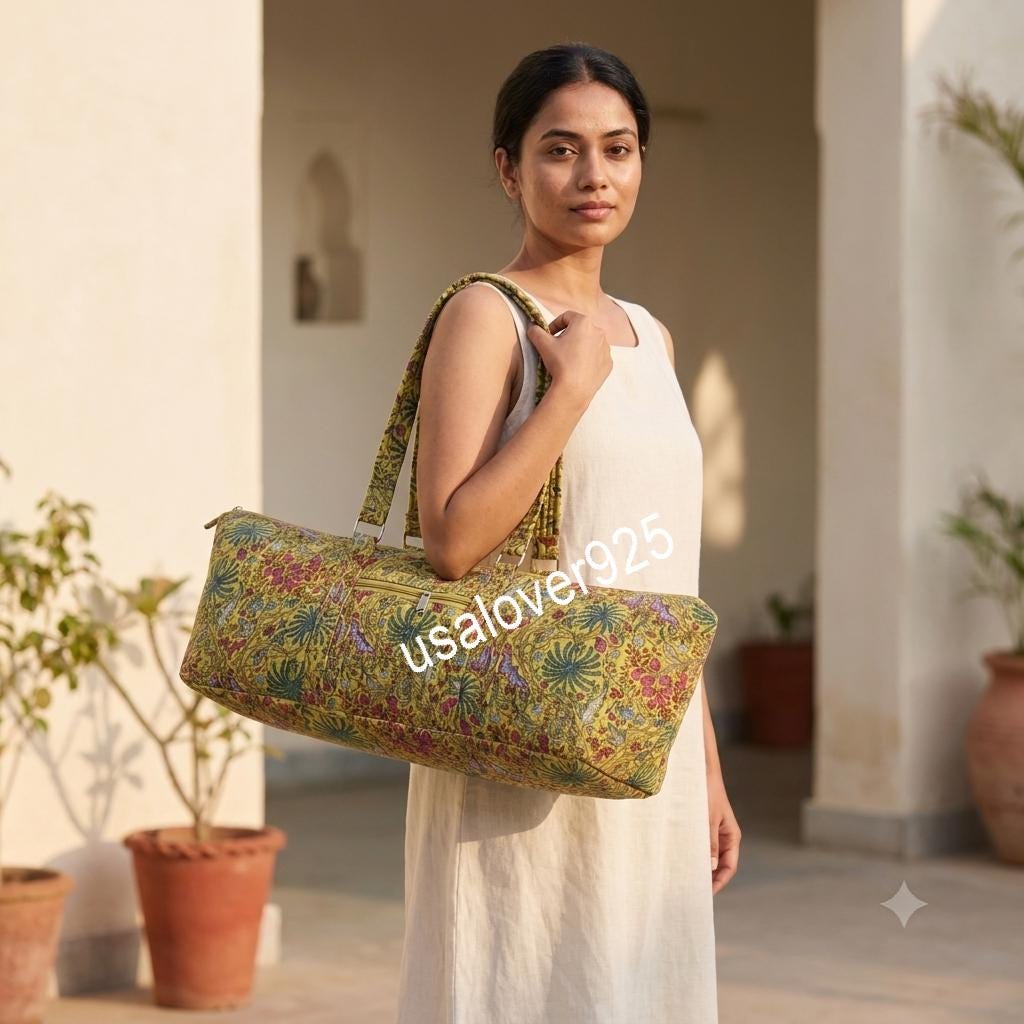 Quilted Cotton Travel Duffle Bag, Mustard Yellow Floral Block Print Carryall, Zipper Weekender