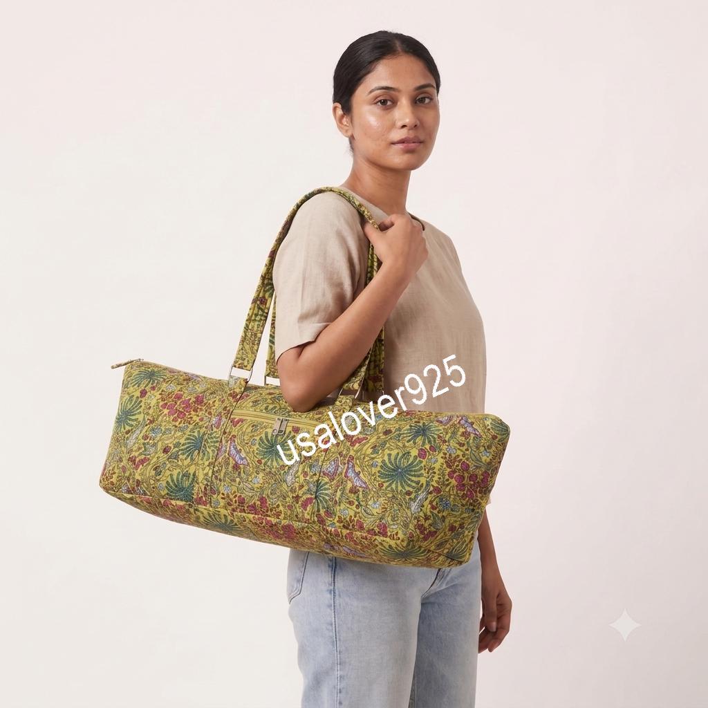 Quilted Cotton Travel Duffle Bag, Mustard Yellow Floral Block Print Carryall, Zipper Weekender