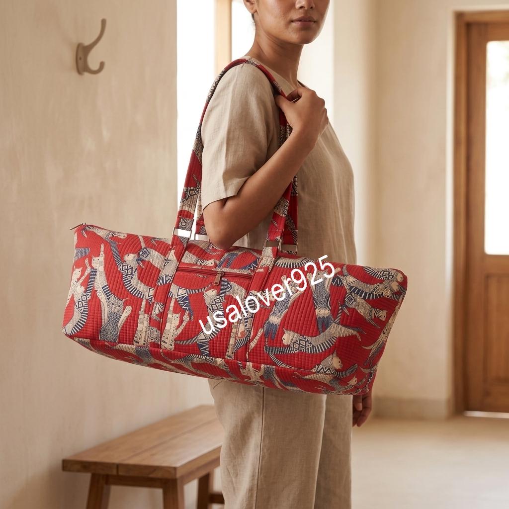 Quilted Cotton Travel Duffle Bag, Red Cat Block Print Carryall, Zipper Weekender Tote