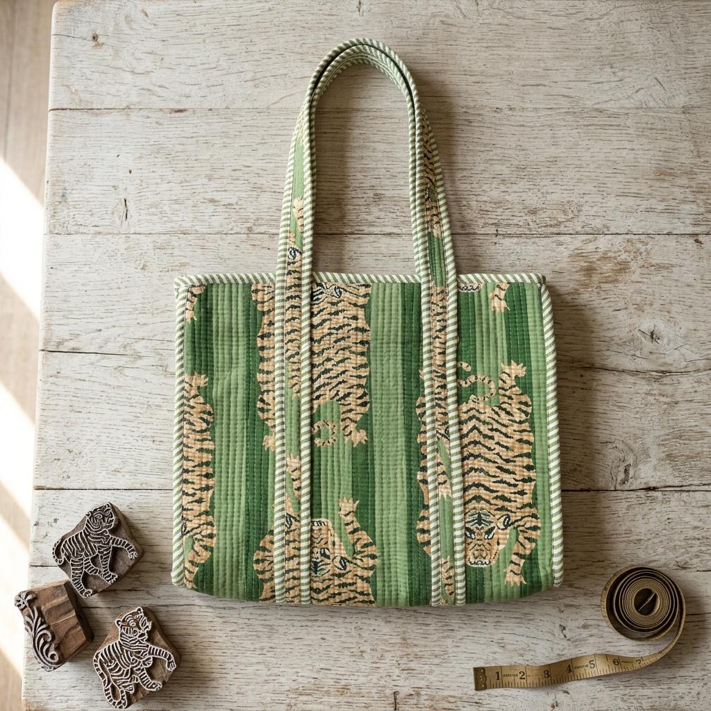 Green Tiger Quilted Cotton Carryall, Striped Shopper, Weekend Tote, Everyday Shoulder Purse