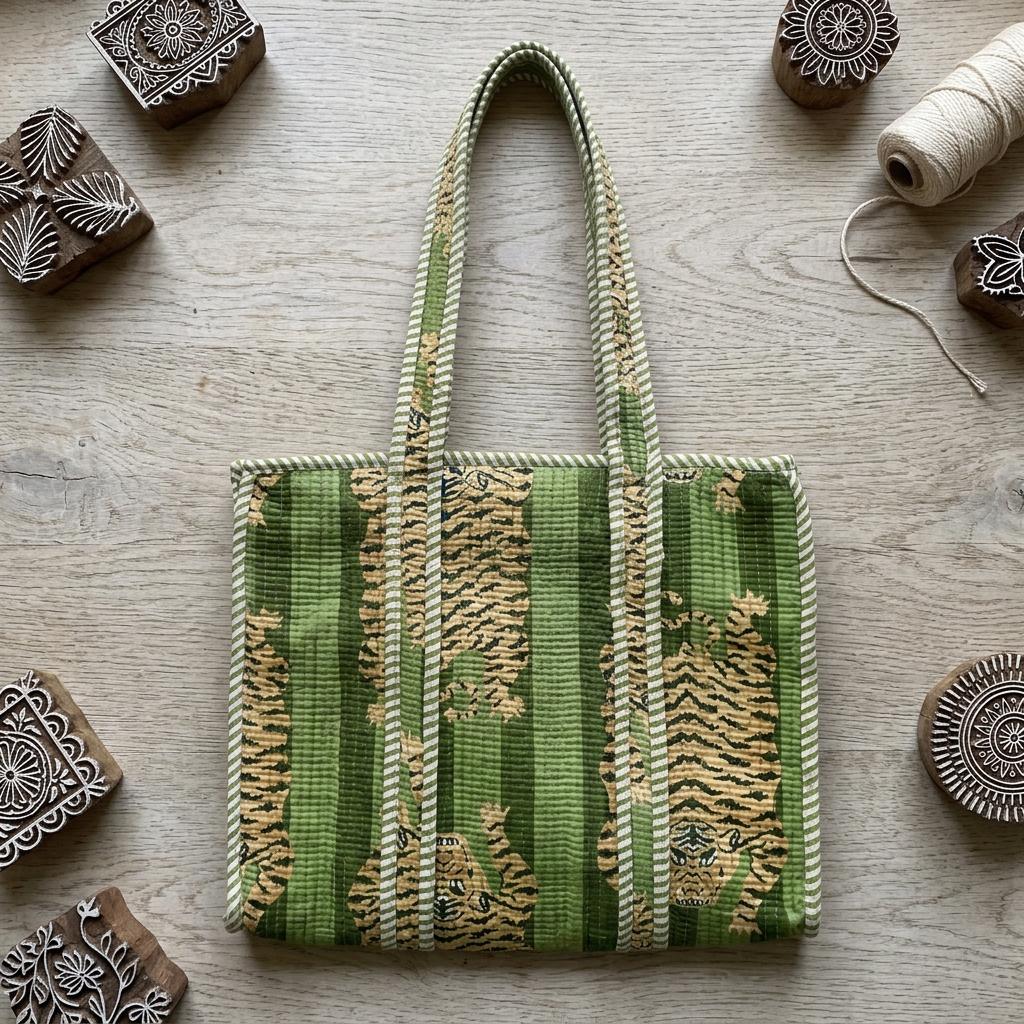 Green Tiger Quilted Cotton Carryall, Striped Shopper, Weekend Tote, Everyday Shoulder Purse