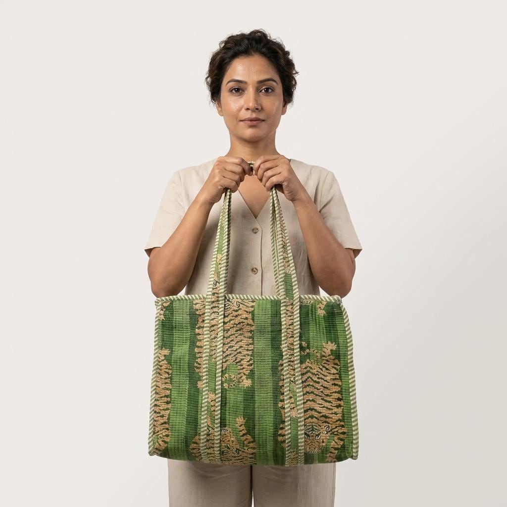 Green Tiger Quilted Cotton Carryall, Striped Shopper, Weekend Tote, Everyday Shoulder Purse