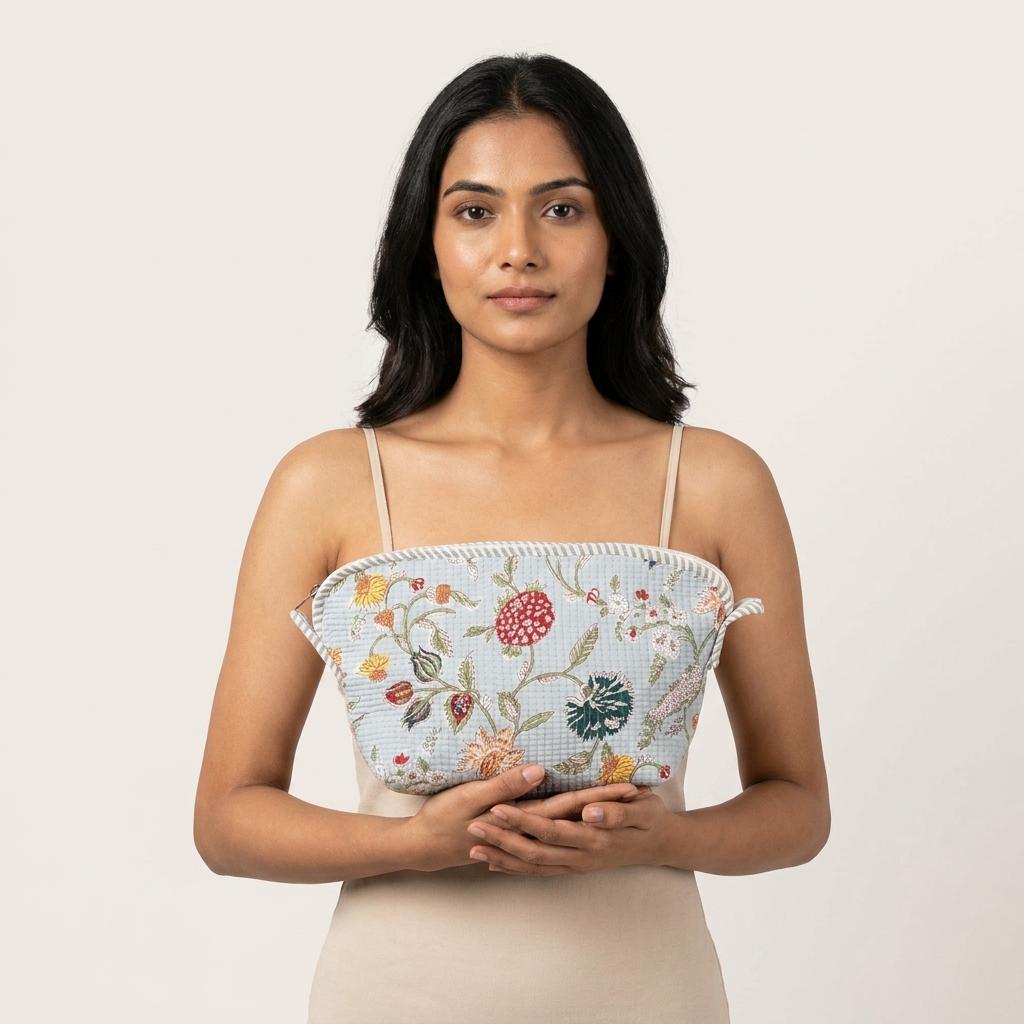 Blue Floral Quilted Cotton Cosmetic Pouch, Block Print Toiletry Organizer