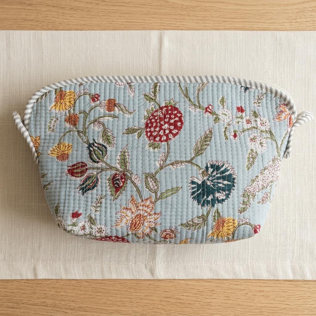 Blue Floral Quilted Cotton Cosmetic Pouch, Block Print Toiletry Organizer