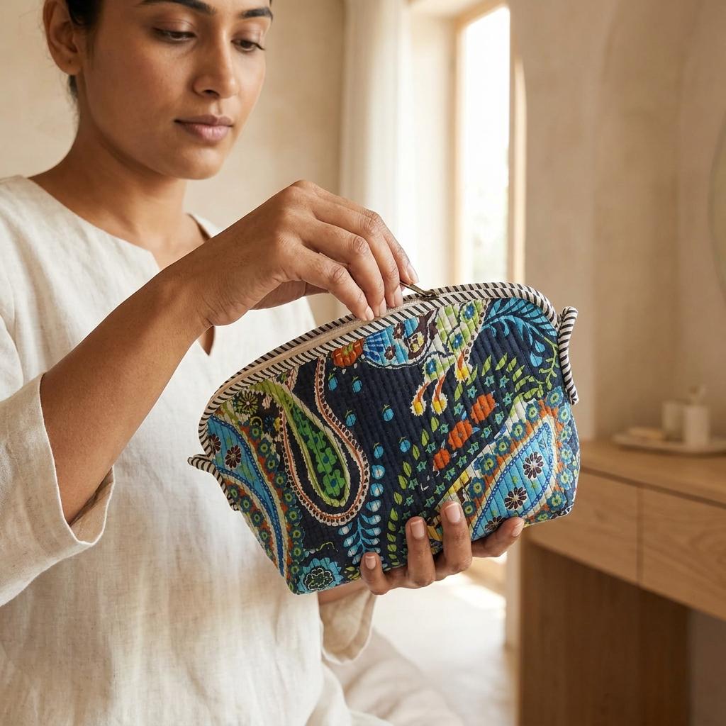 Black Paisley Quilted Cotton Cosmetic Pouch, Block Print Toiletry Organizer, Travel Makeup Case