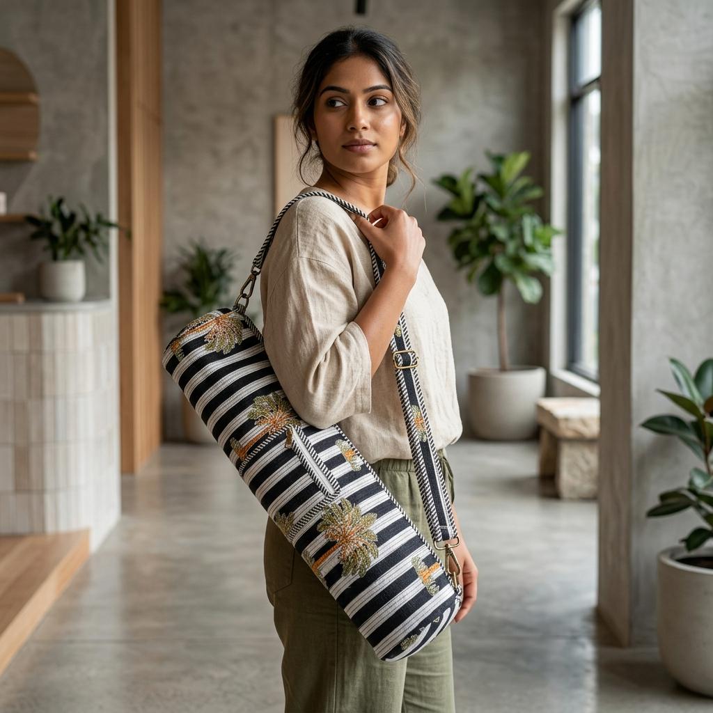 Black Striped Quilted Cotton Yoga Mat Carrier, Palm Tree Sling Bag