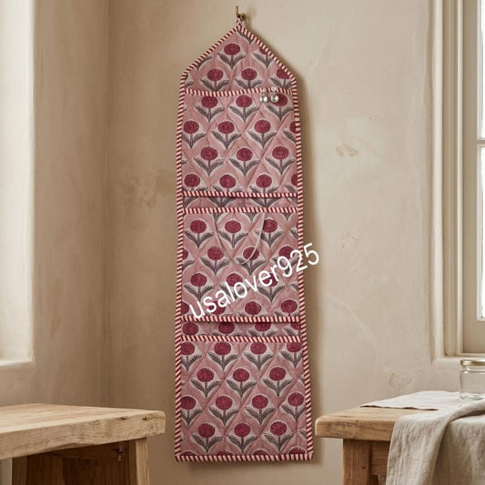 Handmade Quilted Cotton Wall Organizer, Pink Floral Pocket Hanger, Door Mail Storage Holder