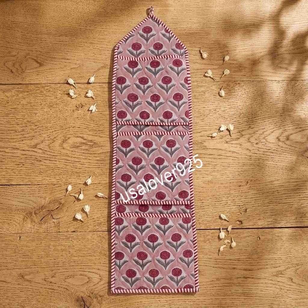 Handmade Quilted Cotton Wall Organizer, Pink Floral Pocket Hanger, Door Mail Storage Holder
