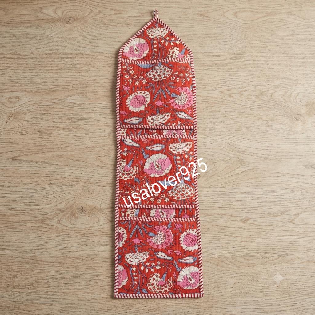 Handmade Quilted Cotton Wall Organizer, Red Floral Pocket Hanger, Door Mail Storage Holder