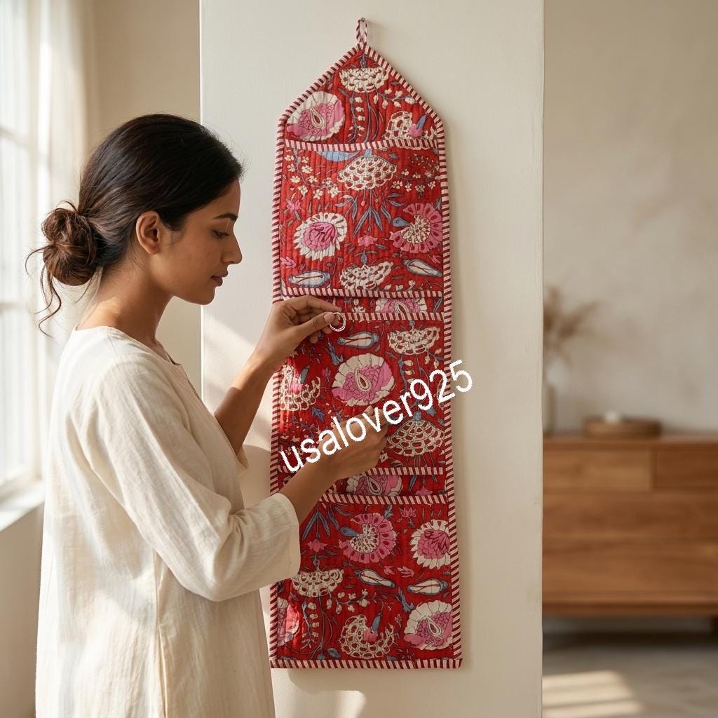 Handmade Quilted Cotton Wall Organizer, Red Floral Pocket Hanger, Door Mail Storage Holder