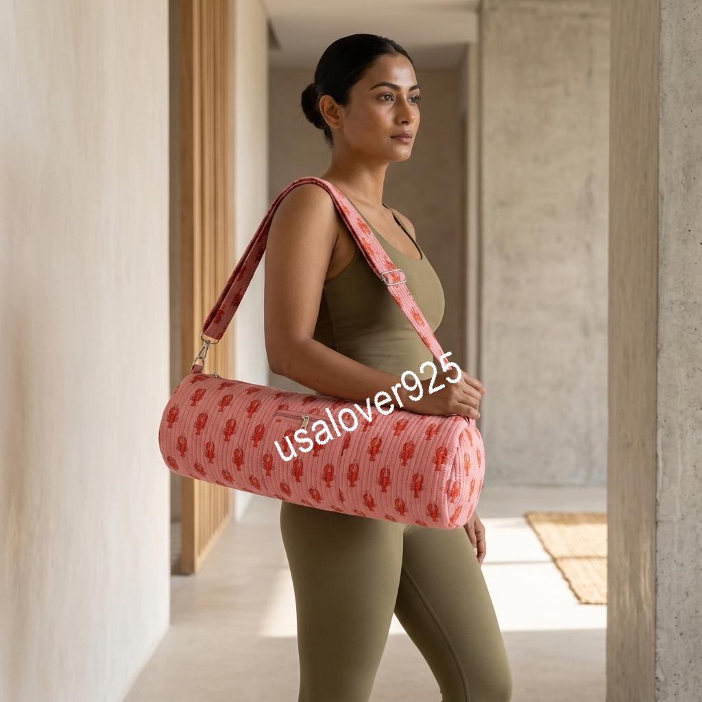 Handmade Quilted Cotton Yoga Mat Bag, Pink Lobster Print Crossbody Carrier, Zipper Pocket Holder