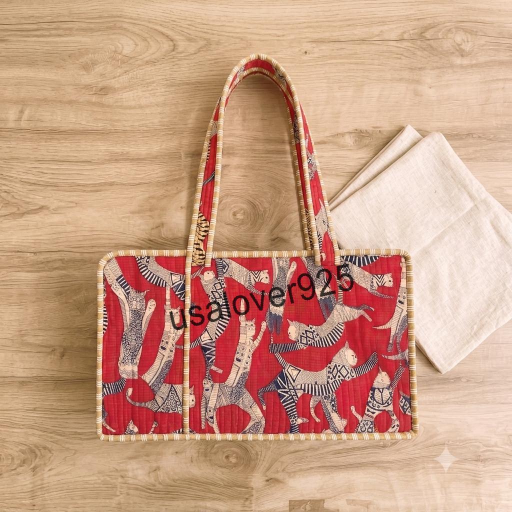 Handmade Quilted Cotton Mahjong Bag, Red Cat Print Tile Storage Case, Travel Game Carryall