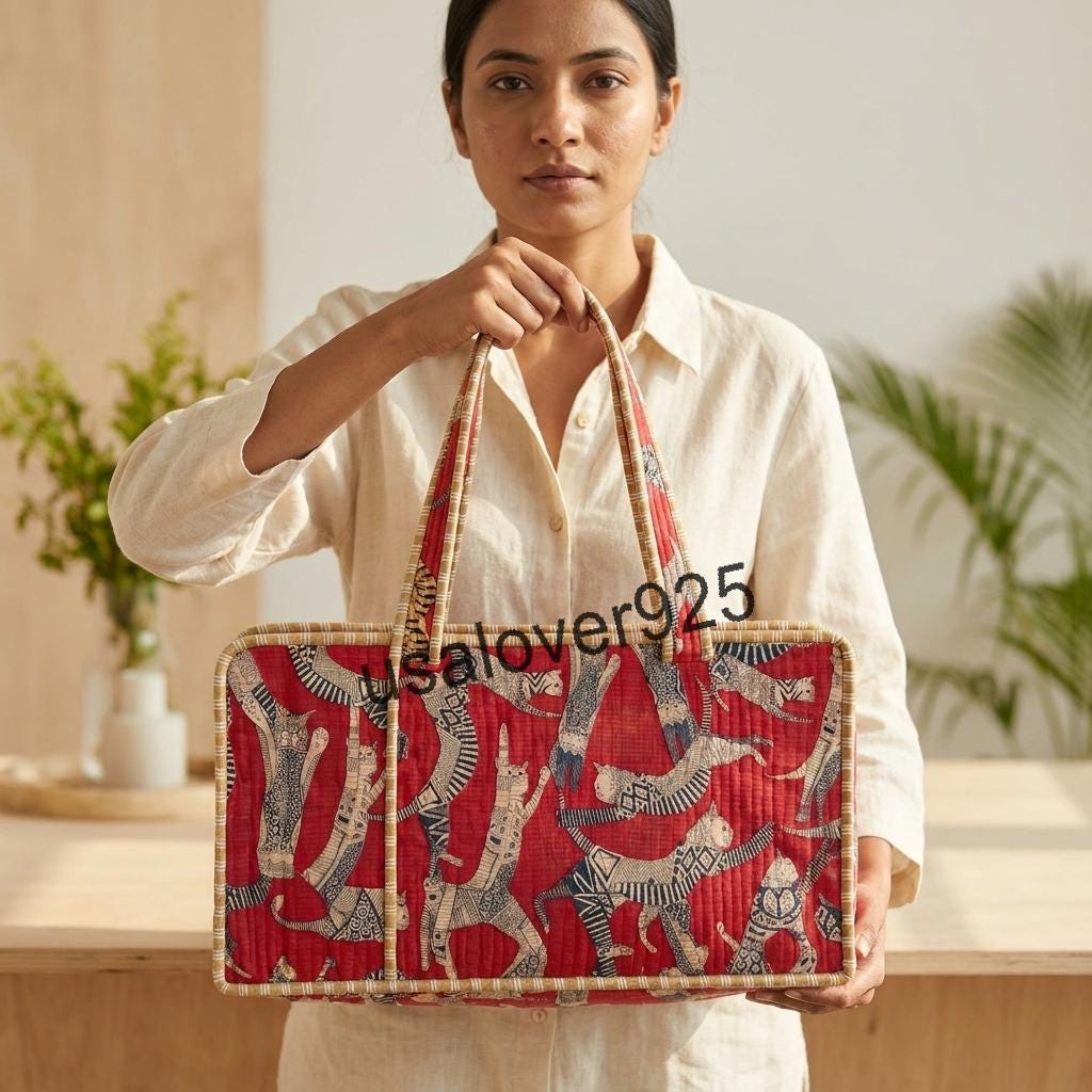 Handmade Quilted Cotton Mahjong Bag, Red Cat Print Tile Storage Case, Travel Game Carryall