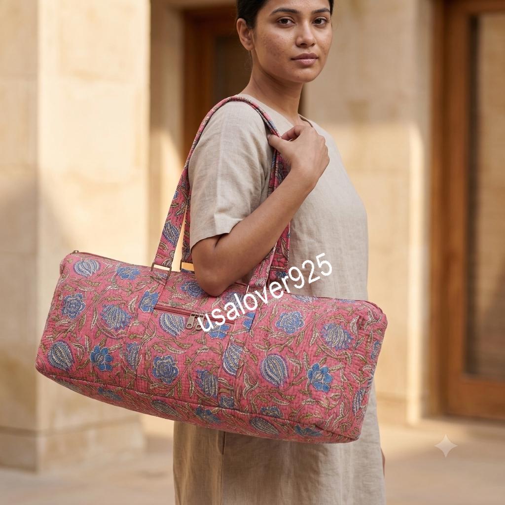Quilted Cotton Duffle Bag, Dusty Pink Blue Floral Block Print Weekender Tote