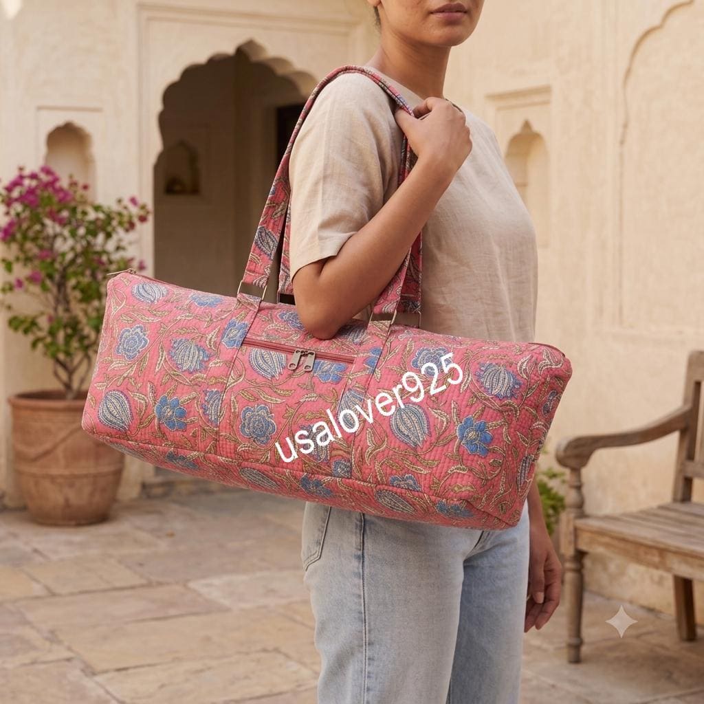 Quilted Cotton Duffle Bag, Dusty Pink Blue Floral Block Print Weekender Tote