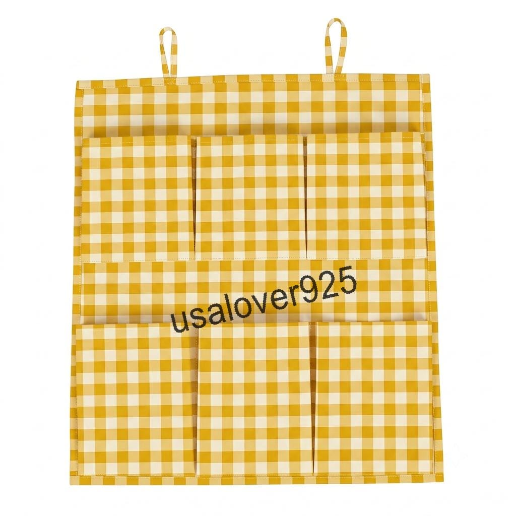Handmade Cotton Wall Organizer, Yellow Gingham Check 6 Pocket Door Hanger, Craft Storage Holder