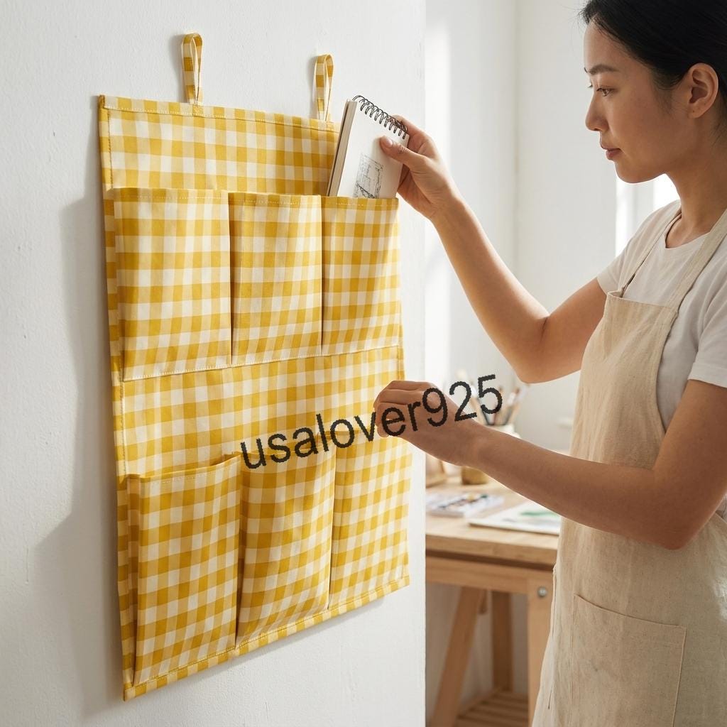 Handmade Cotton Wall Organizer, Yellow Gingham Check 6 Pocket Door Hanger, Craft Storage Holder