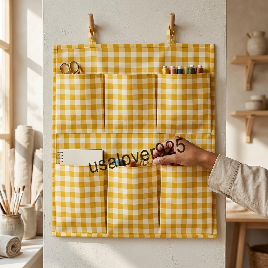Handmade Cotton Wall Organizer, Yellow Gingham Check 6 Pocket Door Hanger, Craft Storage Holder