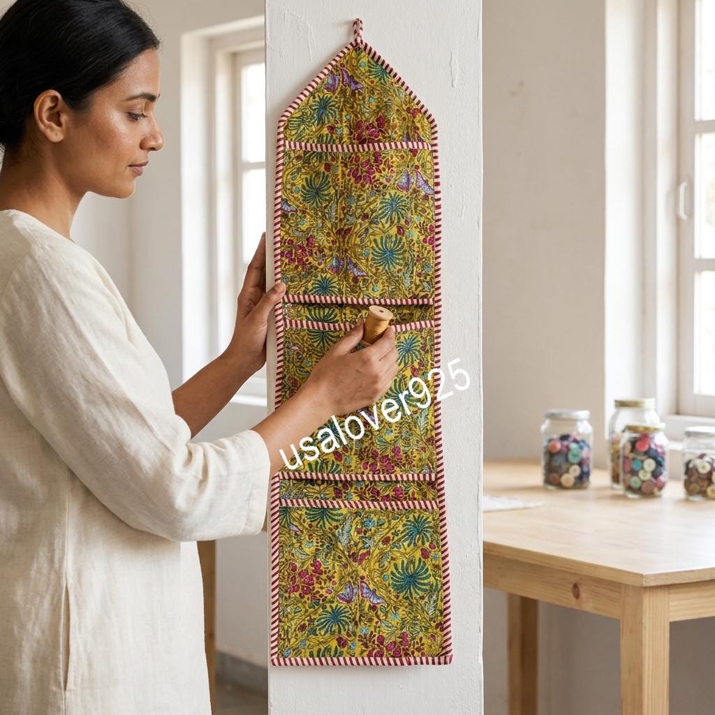 Handmade Quilted Cotton Wall Organizer, Yellow Floral Pocket Hanger, Door Mail Storage Holder
