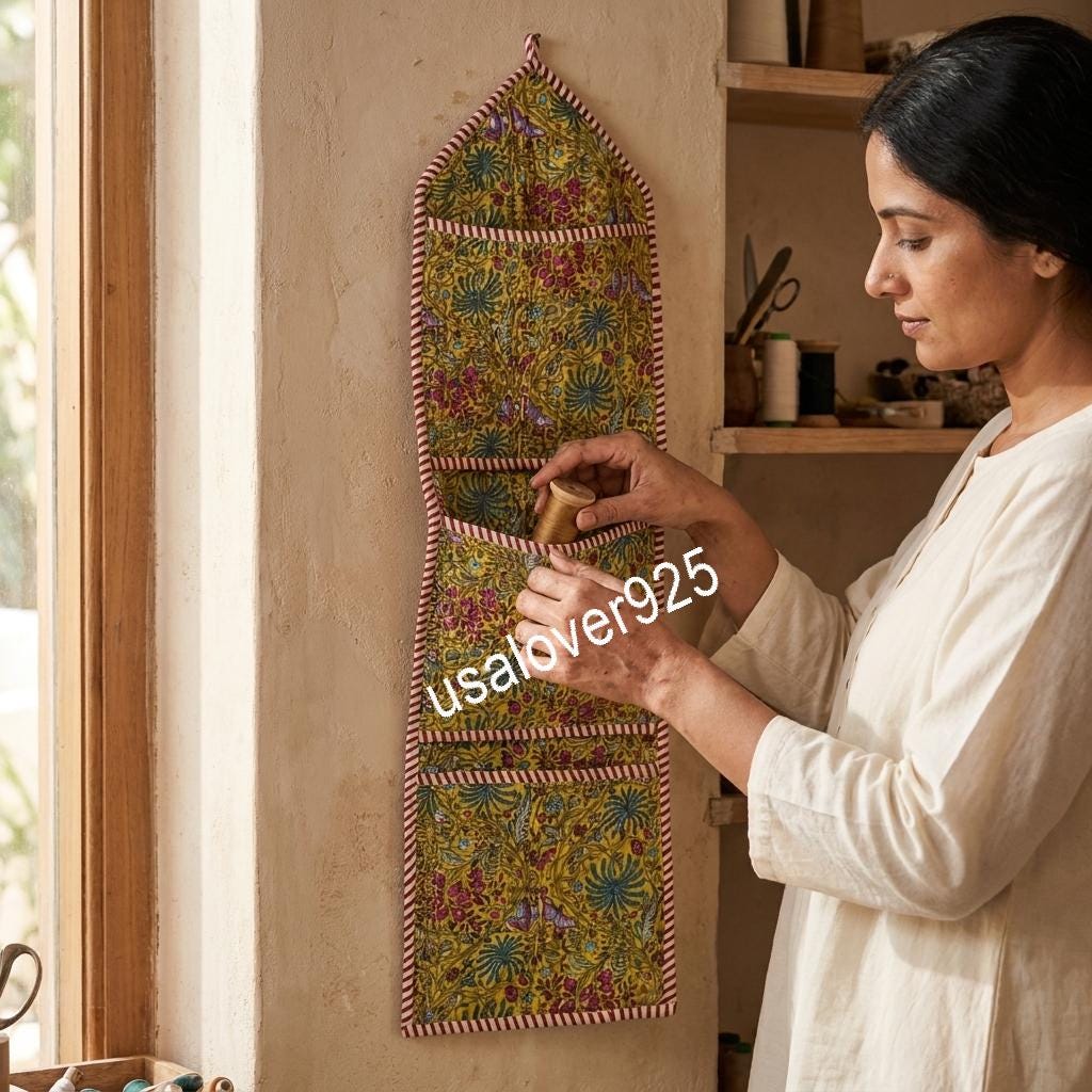 Handmade Quilted Cotton Wall Organizer, Yellow Floral Pocket Hanger, Door Mail Storage Holder