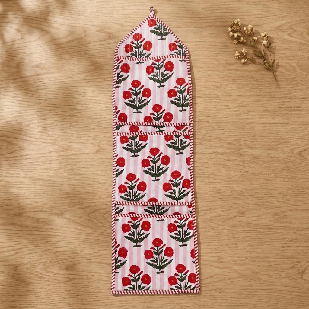 Pink Striped Floral Quilted Cotton Wall Organizer, Hanging Pocket Storage Home Decor
