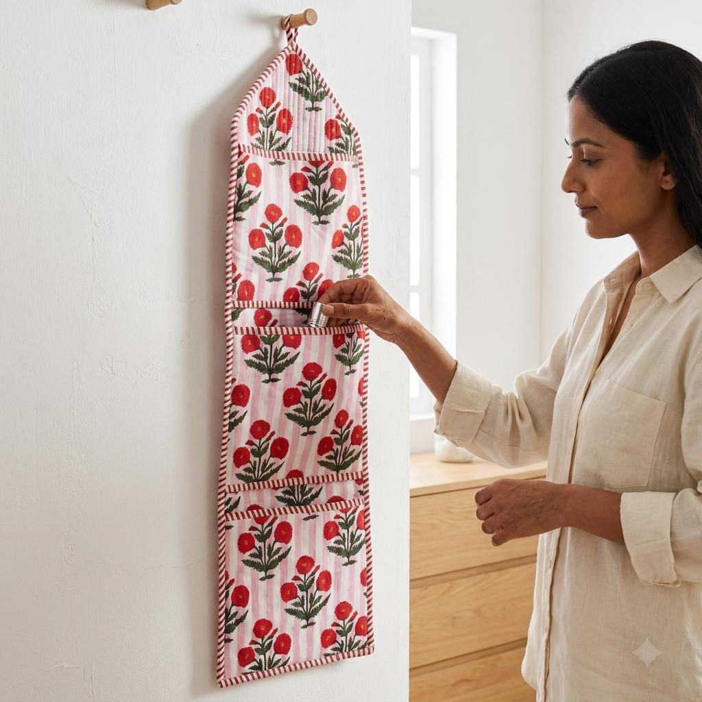 Pink Striped Floral Quilted Cotton Wall Organizer, Hanging Pocket Storage Home Decor