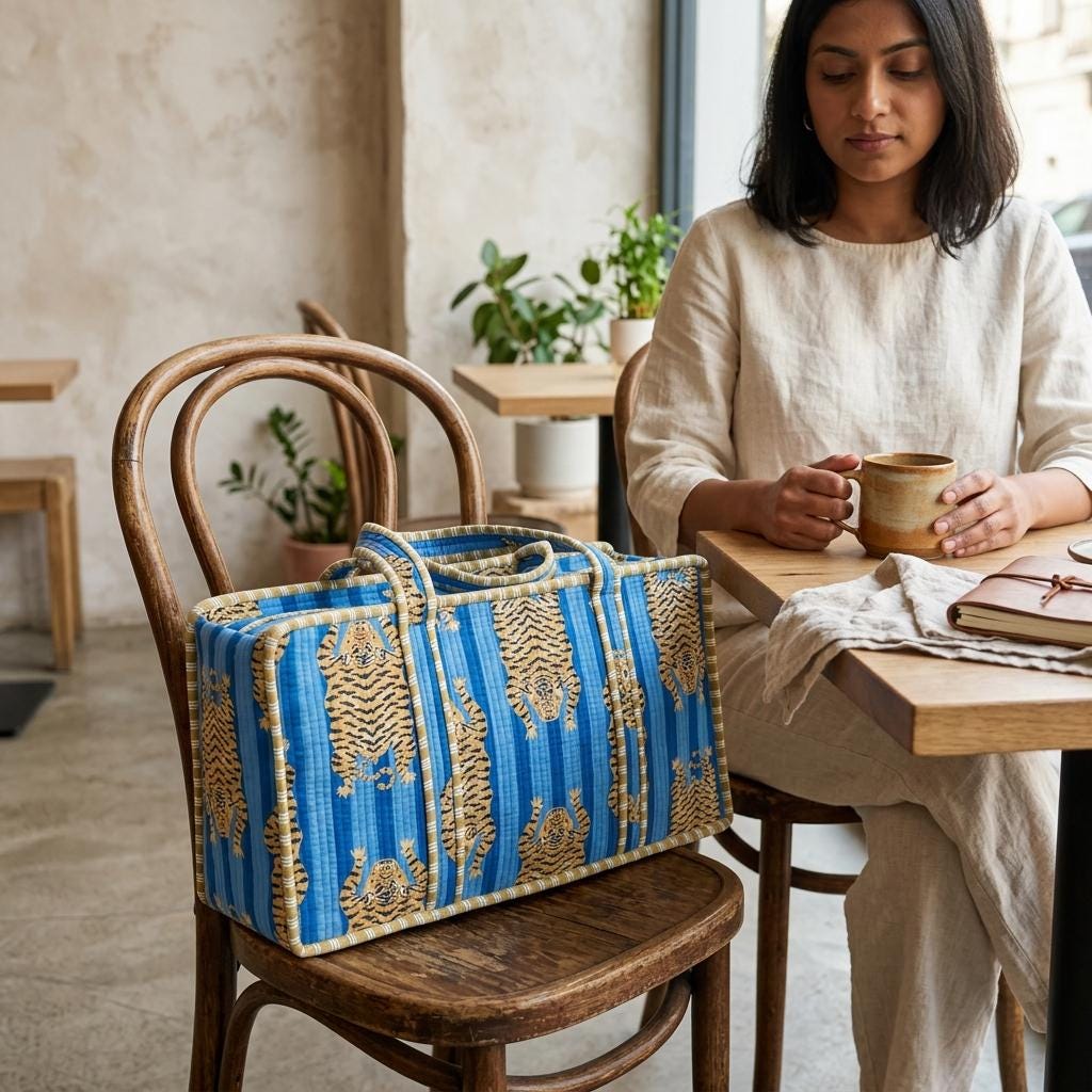 Handblock Printed Cotton Mahjong Bag, Blue Quilted Tile Carrier, Travel Storage Case, Game Organizer