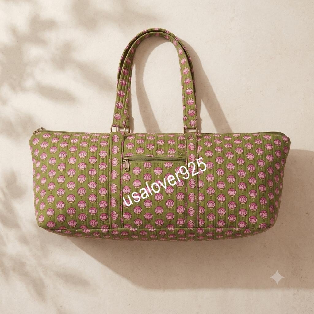 Quilted Cotton Duffle Bag, Olive Green Floral Block Print Weekender Tote