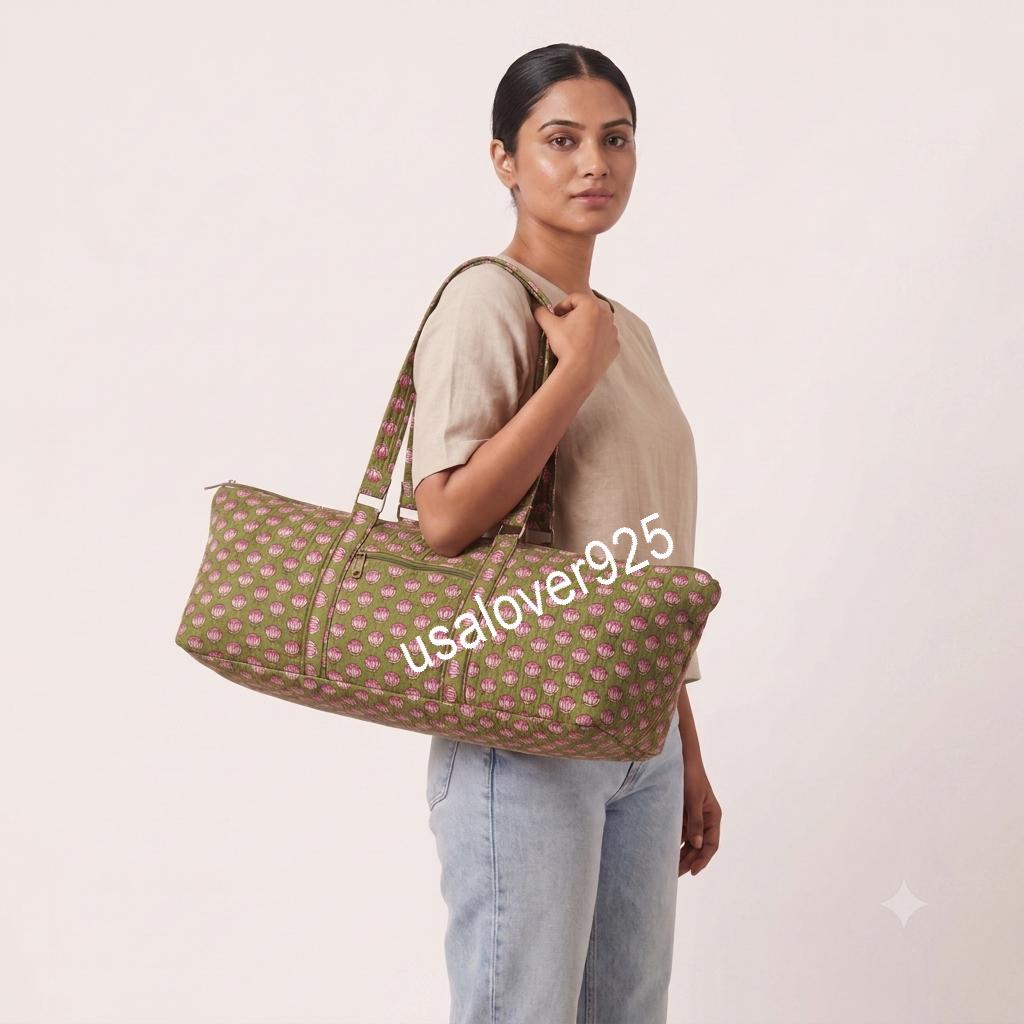 Quilted Cotton Duffle Bag, Olive Green Floral Block Print Weekender Tote